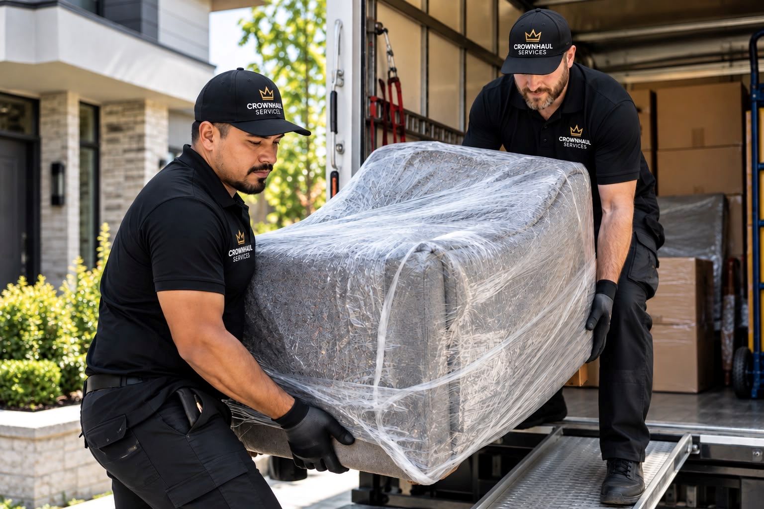Professional movers carefully carrying a protected sofa through a home